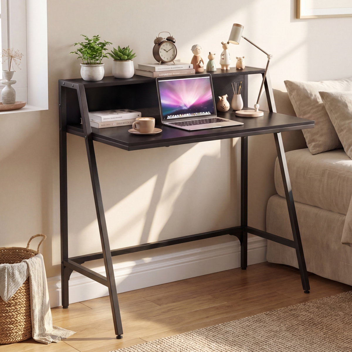 CB11235DK 31.5 in. Industrial Desk with Raised Shelf Metal Frame - Black