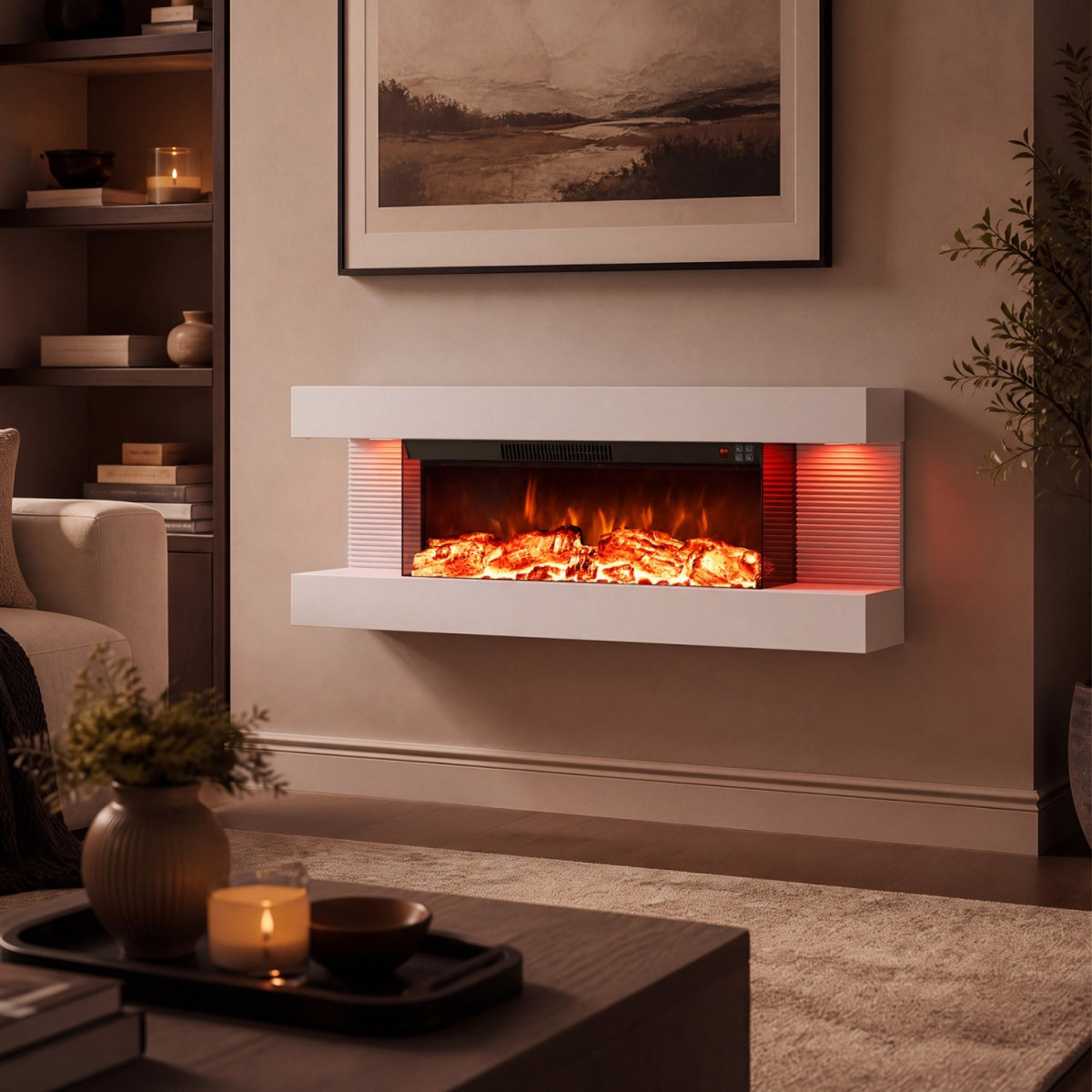 FP11227US-40WH 3-Sided Wall Mount Electric Wi-Fi Fireplace with Floating Mantel & 12 Flame Ambient Colors - White - 40 in.