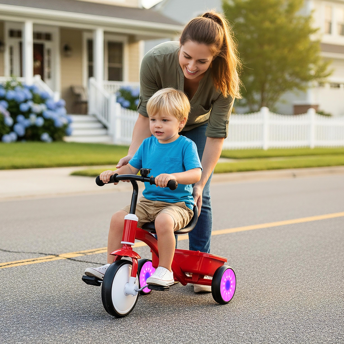 TQ10430 Toddler Tricycle with Glowing Wheels & 4-Level Adjustable Seat - Red