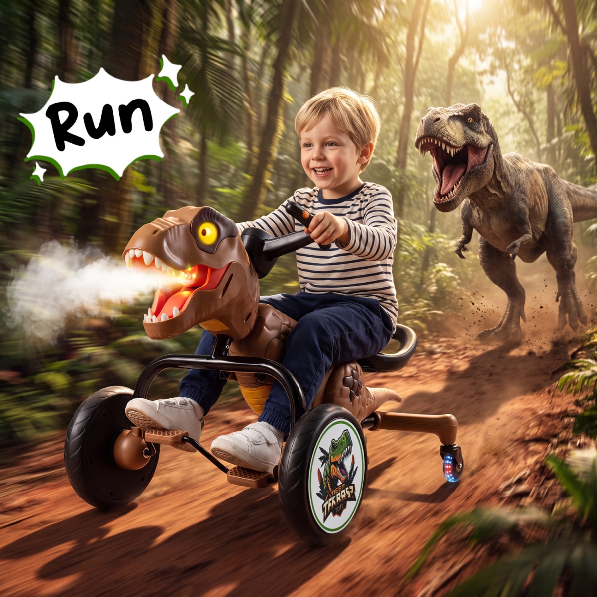 TQ10604BW Dinosaur Drift Tricycle with Lights & Spray & 360-Degree Spin Mode - Brown
