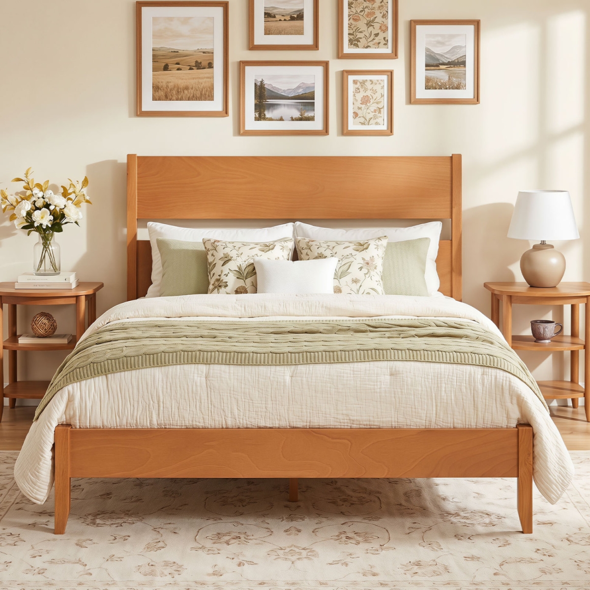 HU11455MB-F Bed Frame with Headboard & Solid Wood Legs 12 Slats - Warm Brown - Full Size