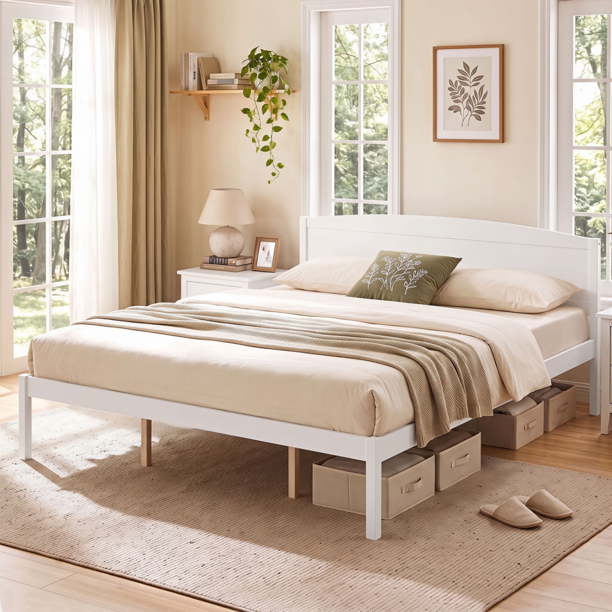 HU11498BS-K Wooden Platform Bed Frame with Curved Headboard - White - King Size