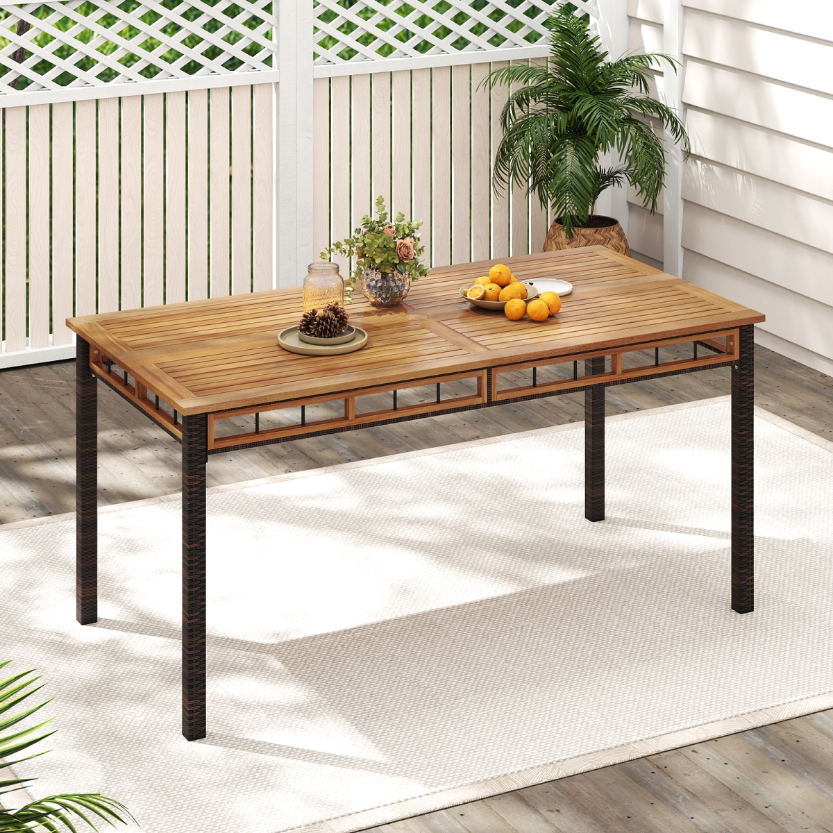 HW74904 63 in. Outdoor Dining Table with Acacia Wood Slatted Tabletop - Natural & Black