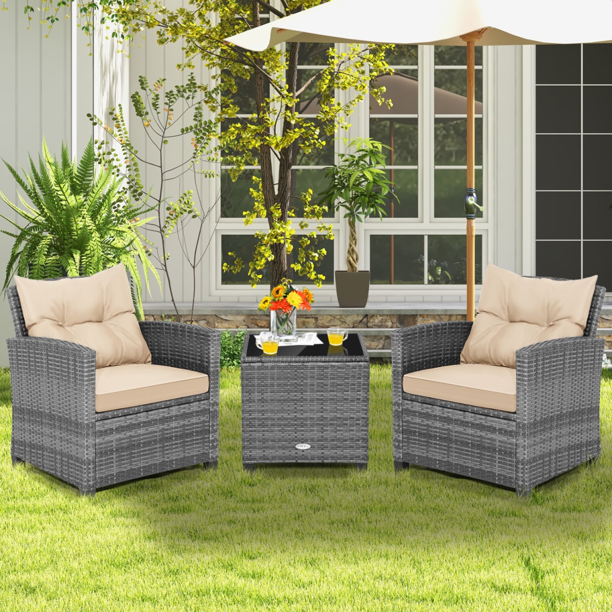 HW74912BN Outdoor Wicker Conversation Set with Tempered Glass Tabletop - Beige - 3 Piece