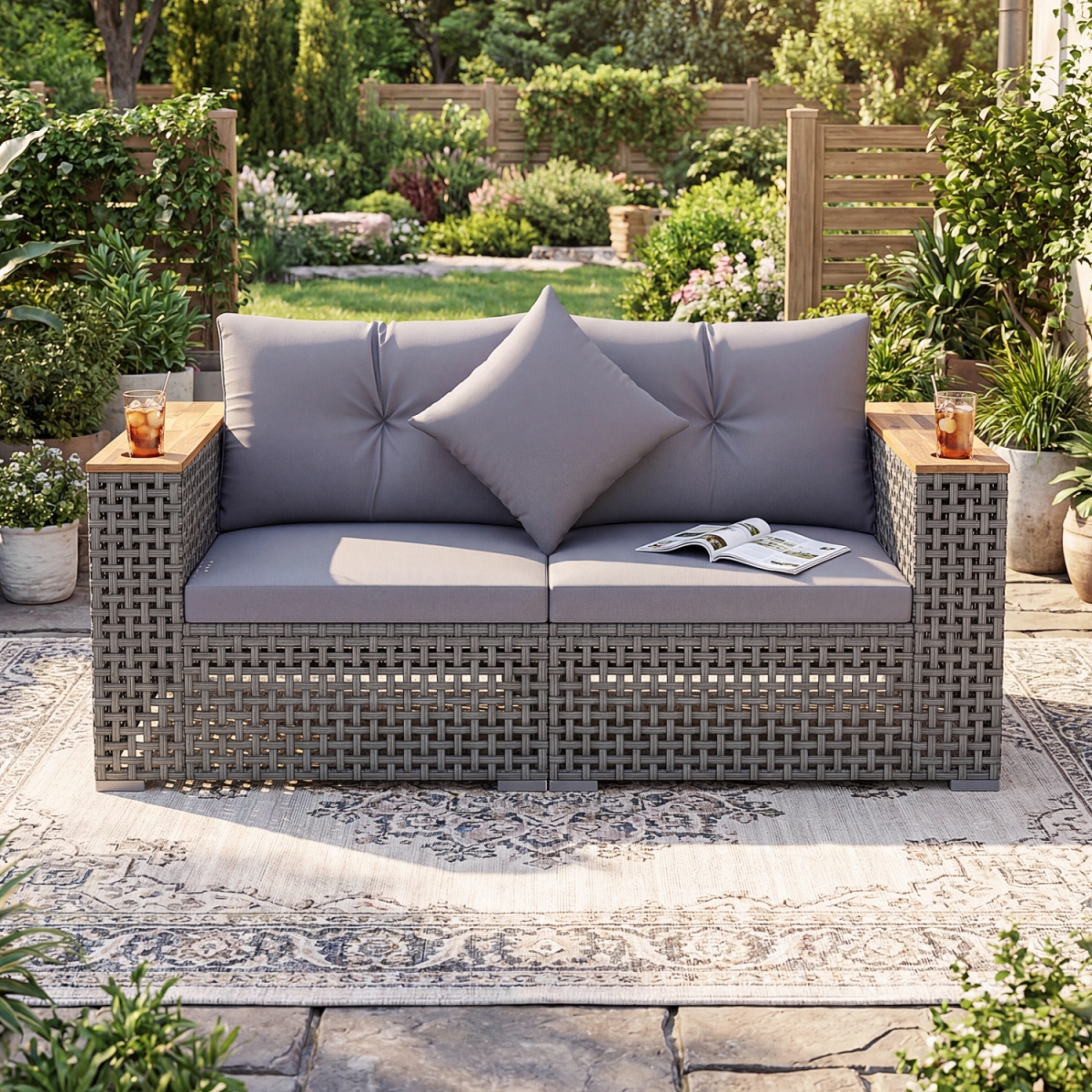 HW75123GR Patio Corner Sofa Set with Thick Cushions - Gray - 2 Piece
