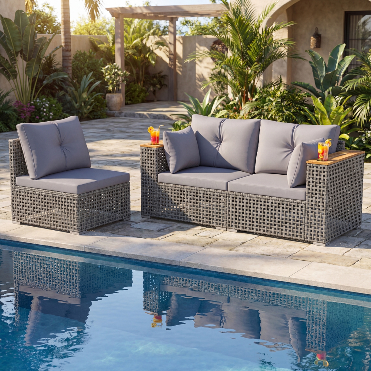 HW75124GR Patio Wicker Sectional Furniture Set with 1 Armless & 2 Corner Sofas for Garden - Gray