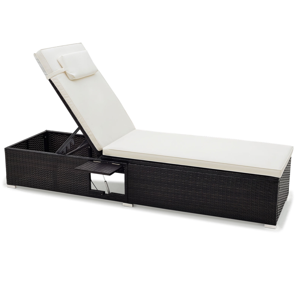 HW76076WH PE Rattan Chaise Lounge with Adjustable Backrest & Foldable Side Table Outdoor - Mix Brown & White