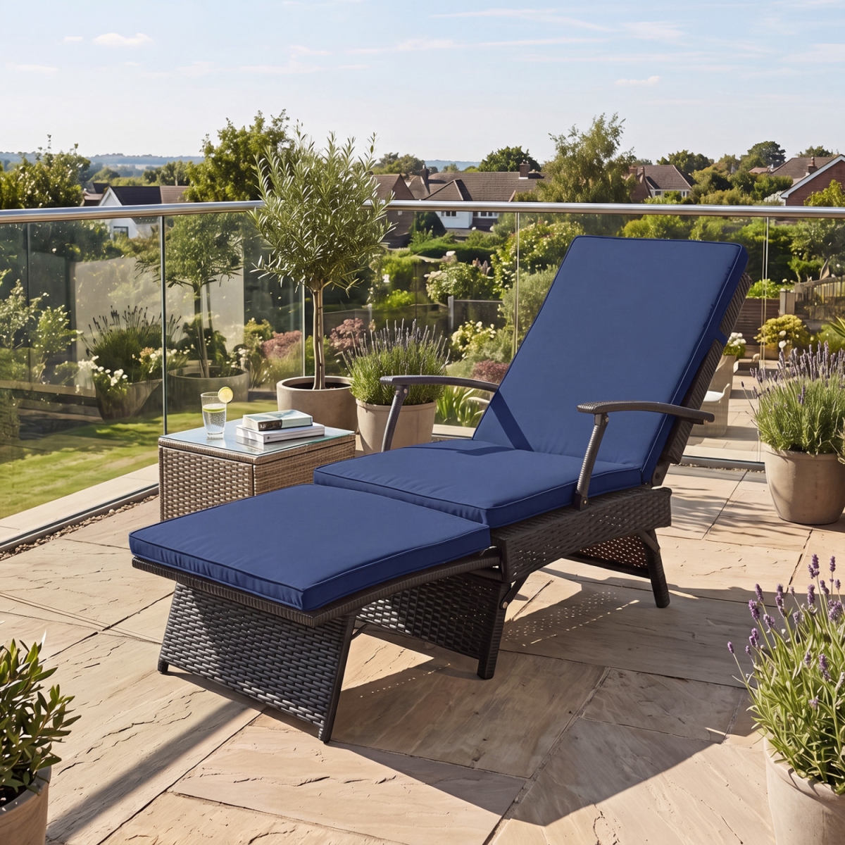 HW76241NY Folding Wicker Chaise Lounge with Slide-Out Ottoman11-Level Adjustable Backrest to Flat & Sun-Proof PE Rattan - Navy