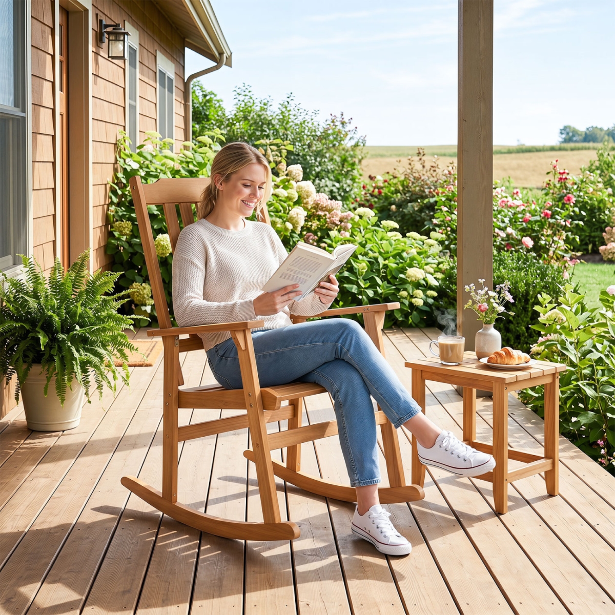 HW76050OR-1 Outdoor Acacia Wood Rocking Chair with High Back & Armrests for Patio - Natural