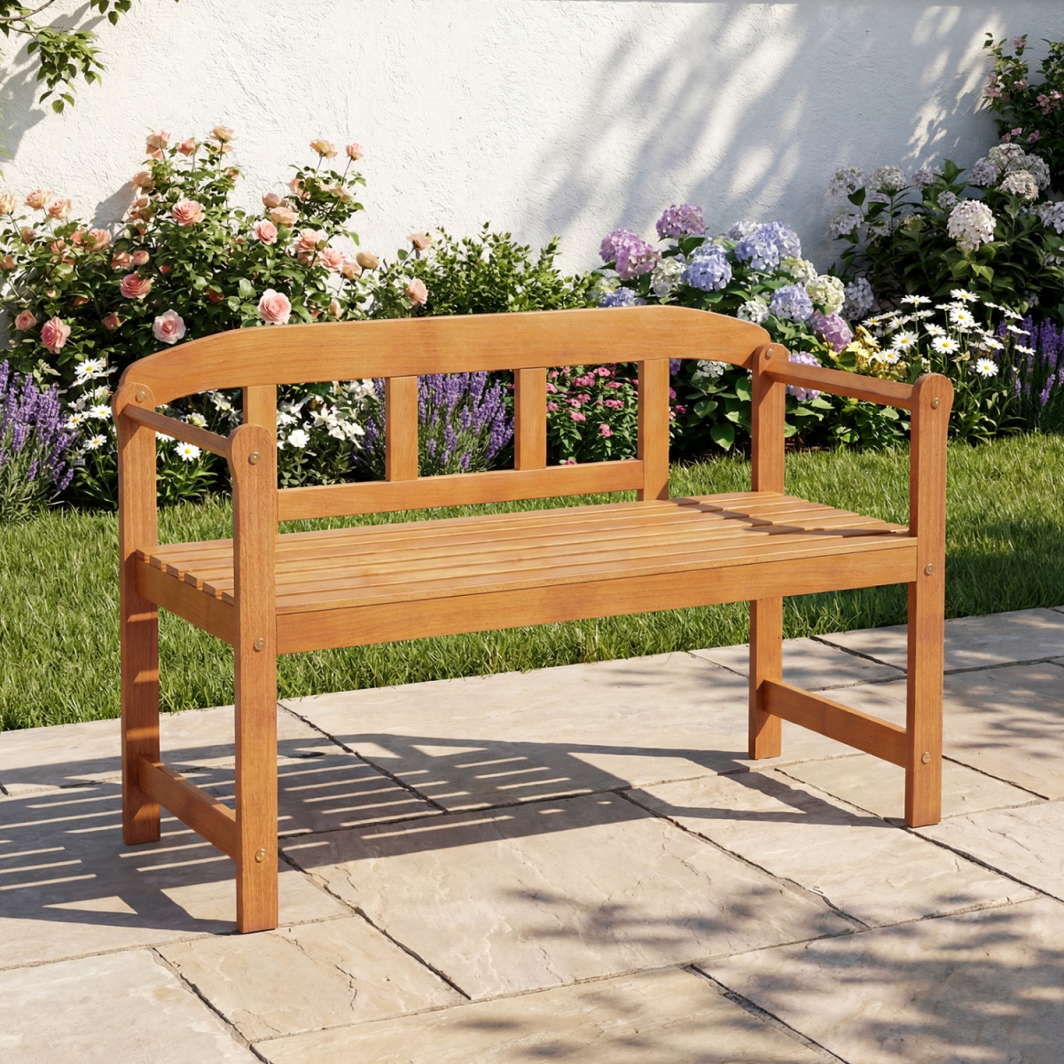 HW76051 2-Seater Outdoor Acacia Wood Garden Bench with Backrest & Armrests - Natural