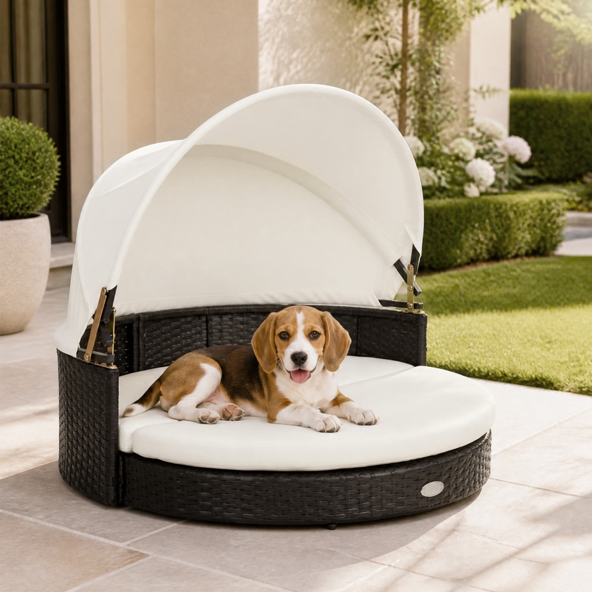 HW76055WH Wicker Dog House with Retractable Canopy & Removable Cushion for Small Medium Dogs - White