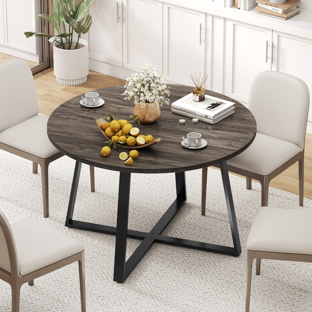 JV12196GR 47 in. Round Dining Table with Stable X-Shaped Base & Round Thickened Tabletop - Gray