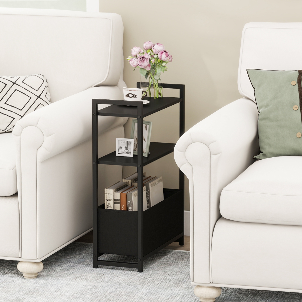 HW76085DK Narrow End Table with Storage Shelves & Metal Frame - Black