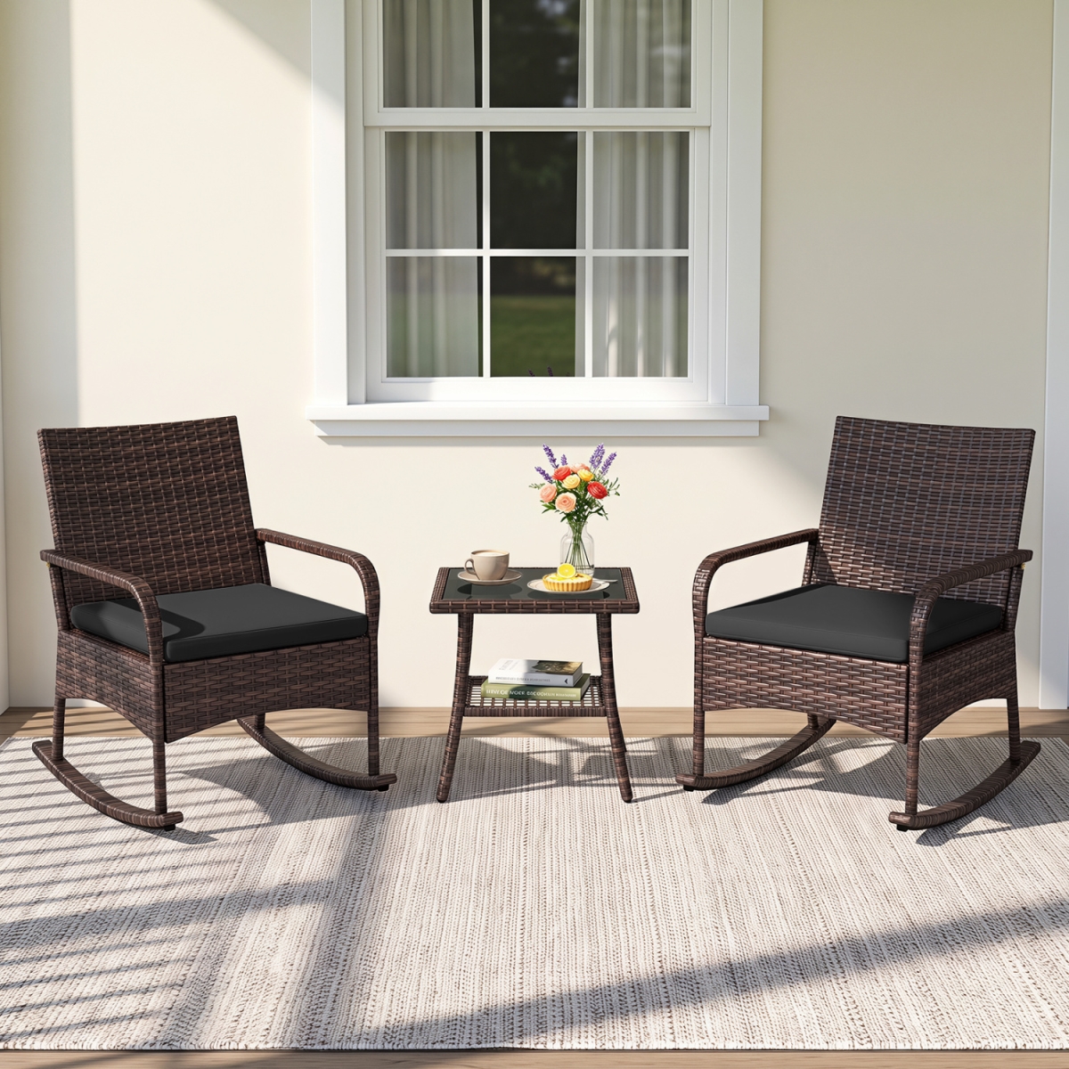 HW76103DK PE Wicker Rocking Bistro Set with 2-Tier Side Table Cushions & Ergonomic Armchairs for Porch - Black - 3 Piece
