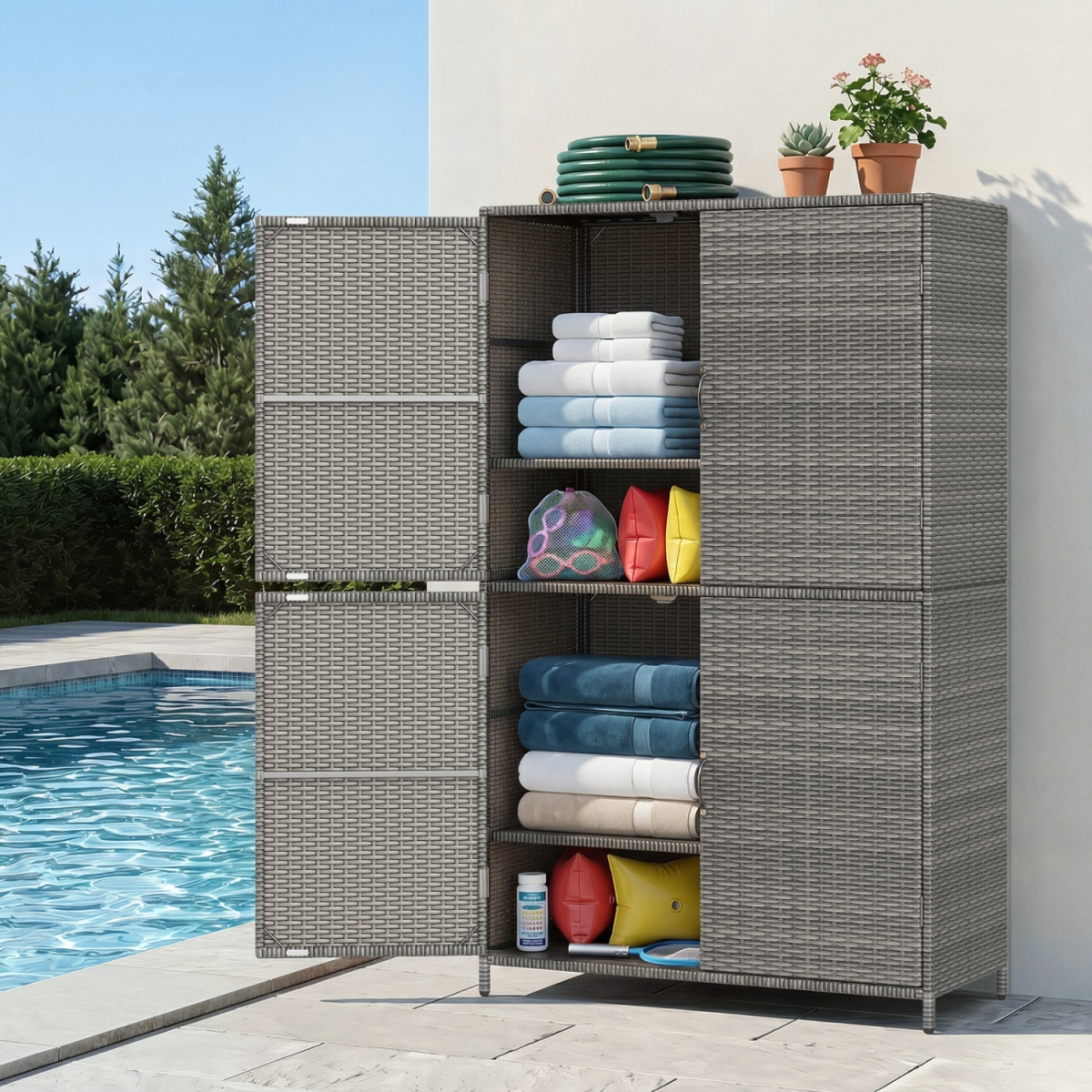 HW76224GR 4-Door Rattan Vertical Storage Shed with Adjustable Shelves - Gray