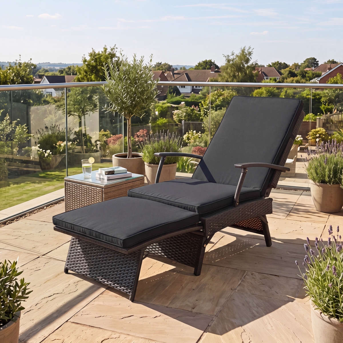 HW76241DK Folding Wicker Chaise Lounge with Slide-Out Ottoman11-Level Adjustable Backrest to Flat & Sun-Proof PE Rattan - Black