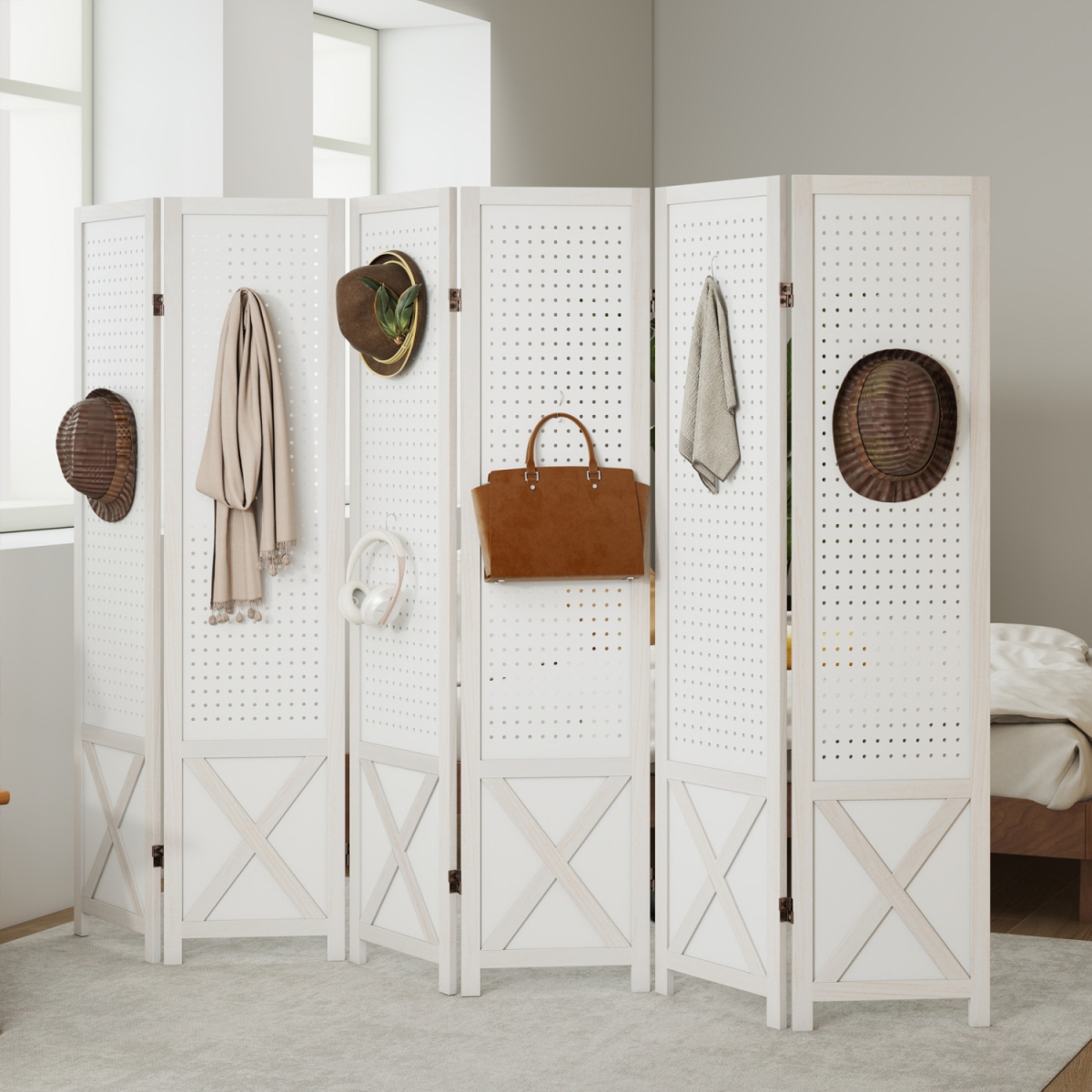 JV12010-6 6-Panel Pegboard Room Divider 67 in. Tall Foldable Privacy Screen - White