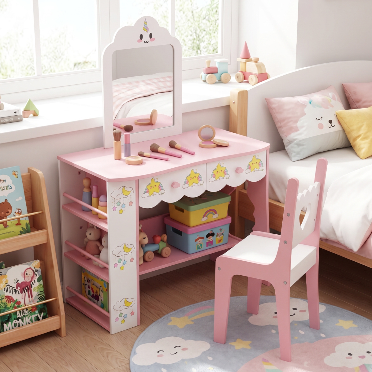 HY10395WH Kids Vanity Set Princess Girls Makeup Table with Mirror & Chair - White