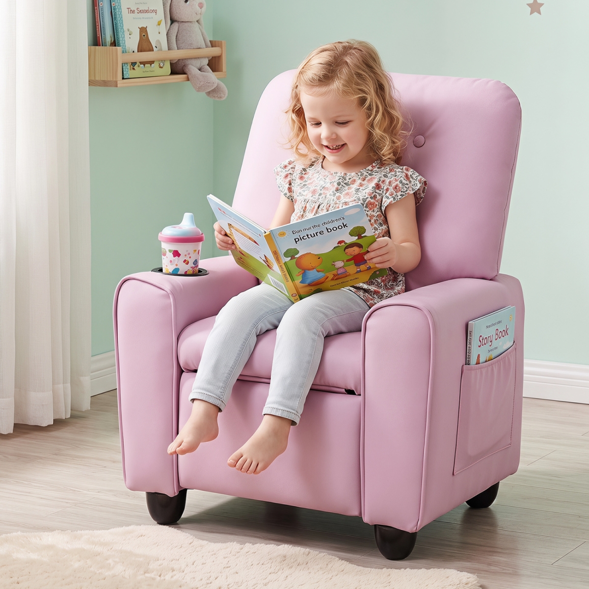 HY10549PI Kids Recliner with Cup Holder & Armrests & Adjustable Backrest Footrest - Pink