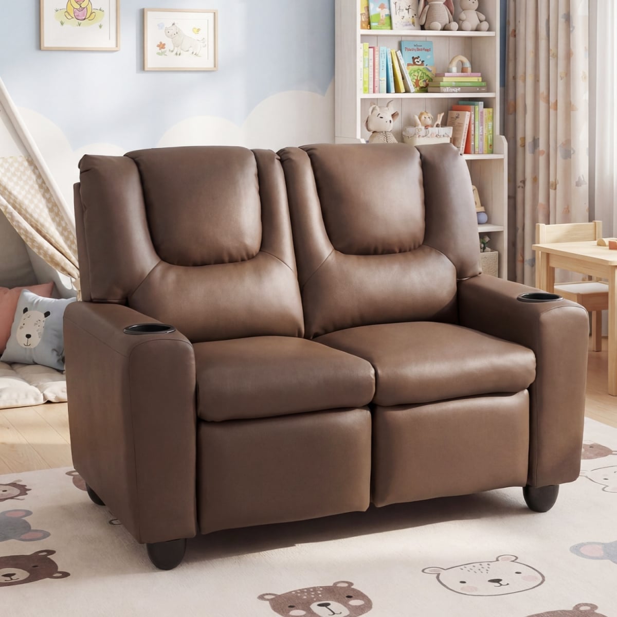 HY10563CF 2-Seater Kids Recliner Double Toddler Sofa Chair with 2 Cup Holders - Brown