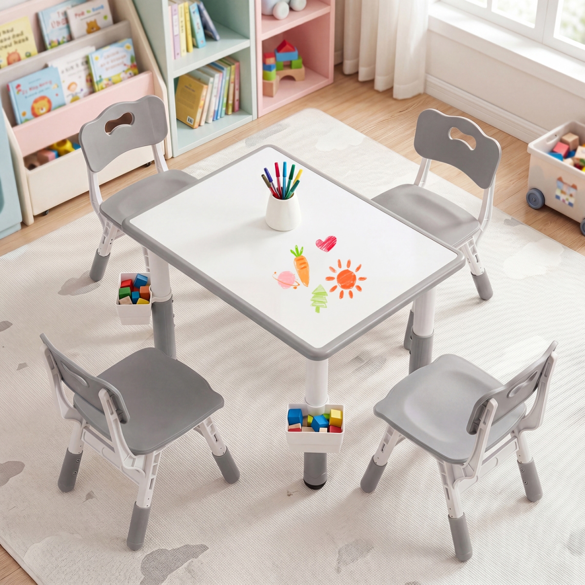 HY10569GR Height Adjustable Kids Table & 4 Chairs Set with Graffiti Desktop & 2 Storage Baskets - Gray