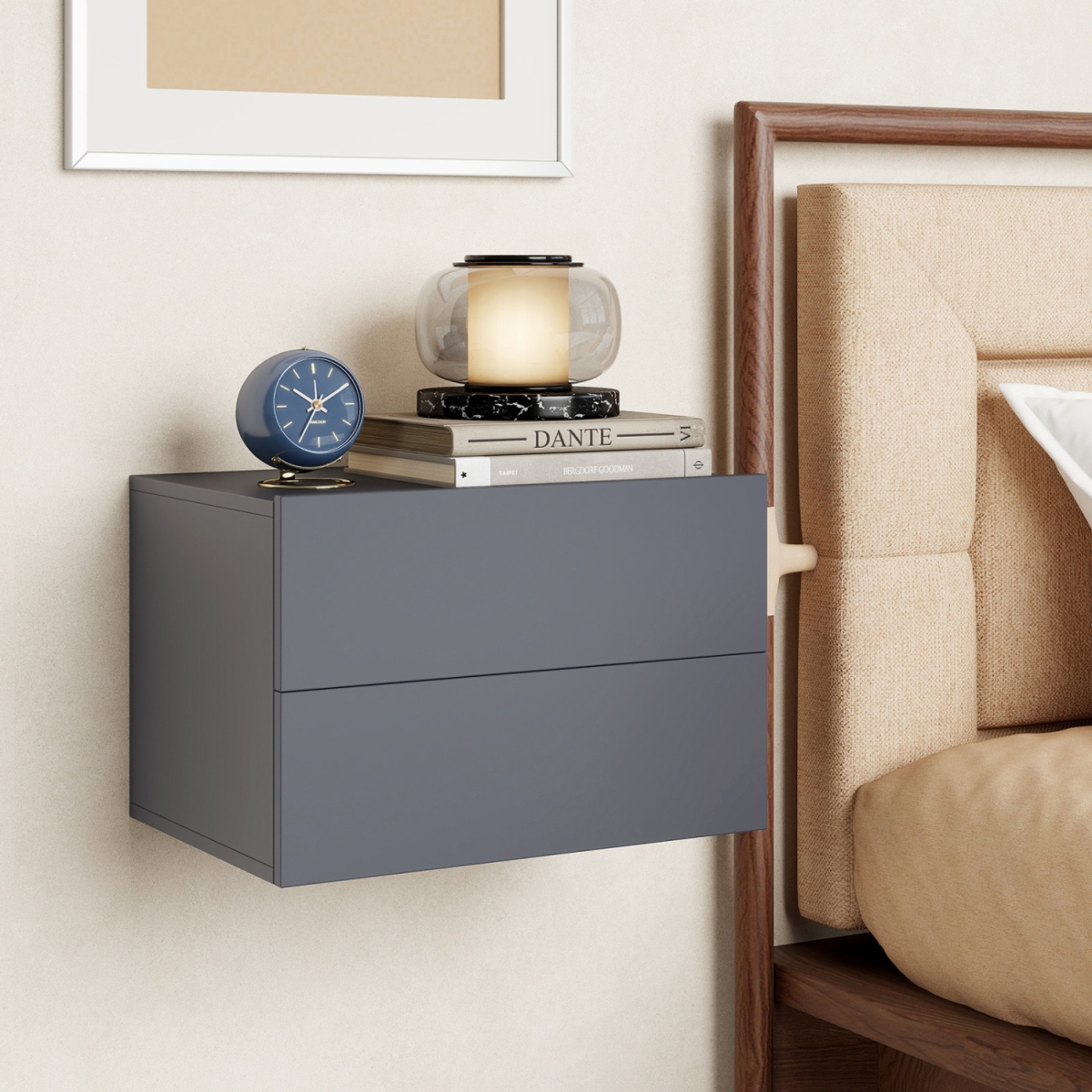 HU11322GR-1 Floating Nightstand with 2 Storage Drawers Wall Mounted for Bedroom - Gray