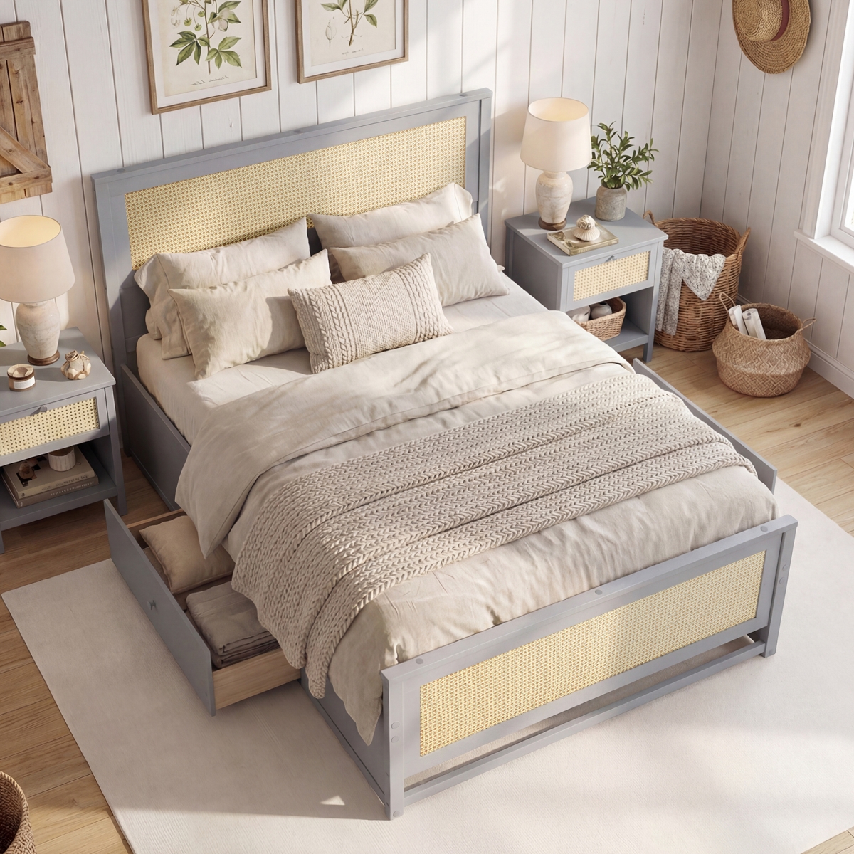 HU11366GR-F Rattan Bed Frame with Storage Drawers - Gray - Full Size