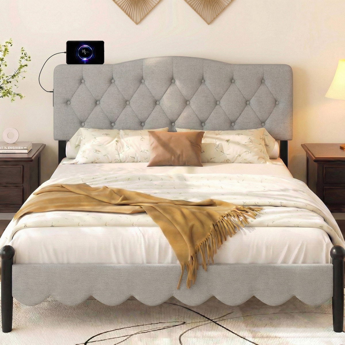 HU11372GR Tufted Upholstered Head Board for Queen & Full Size Bed with 2 AC Outlets - Gray