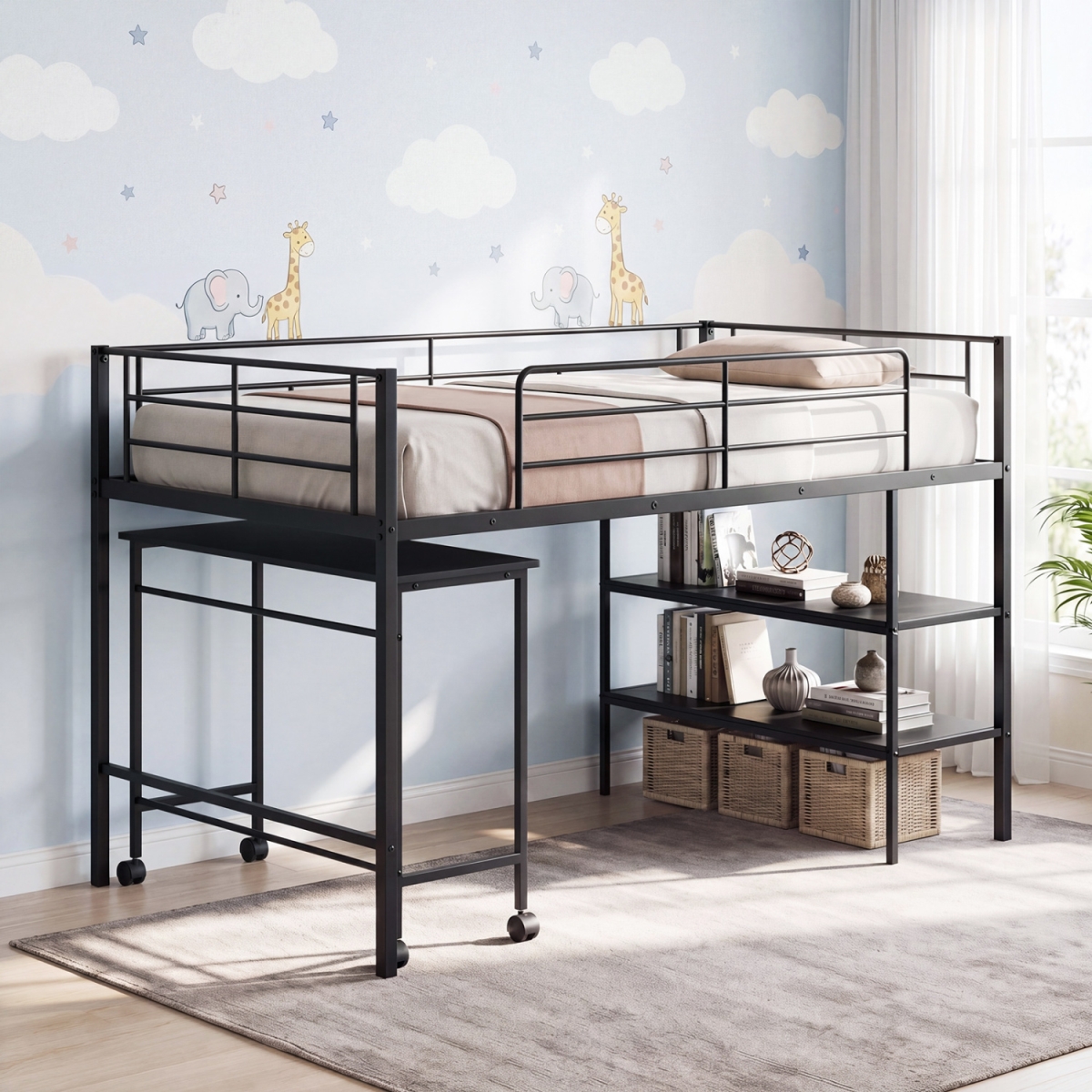 HU11388DK Loft Bed with Rolling Desk & Bookshelf Platform Bed Frame - Black - Twin Size