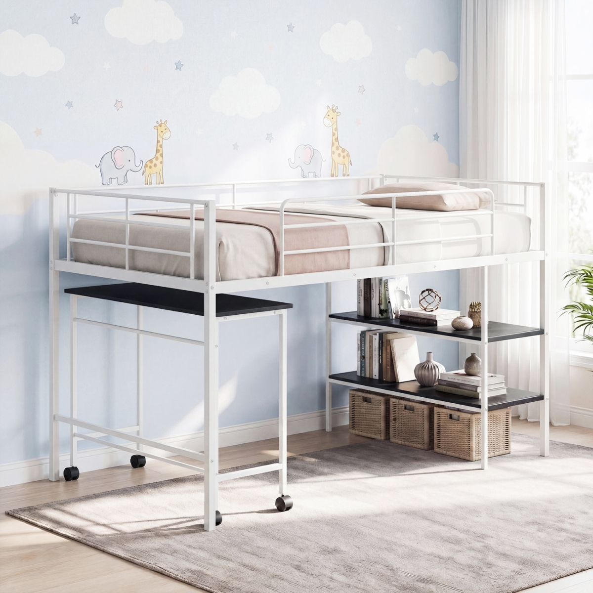 HU11388WH Loft Bed with Rolling Desk & Bookshelf Platform Bed Frame - White - Twin Size