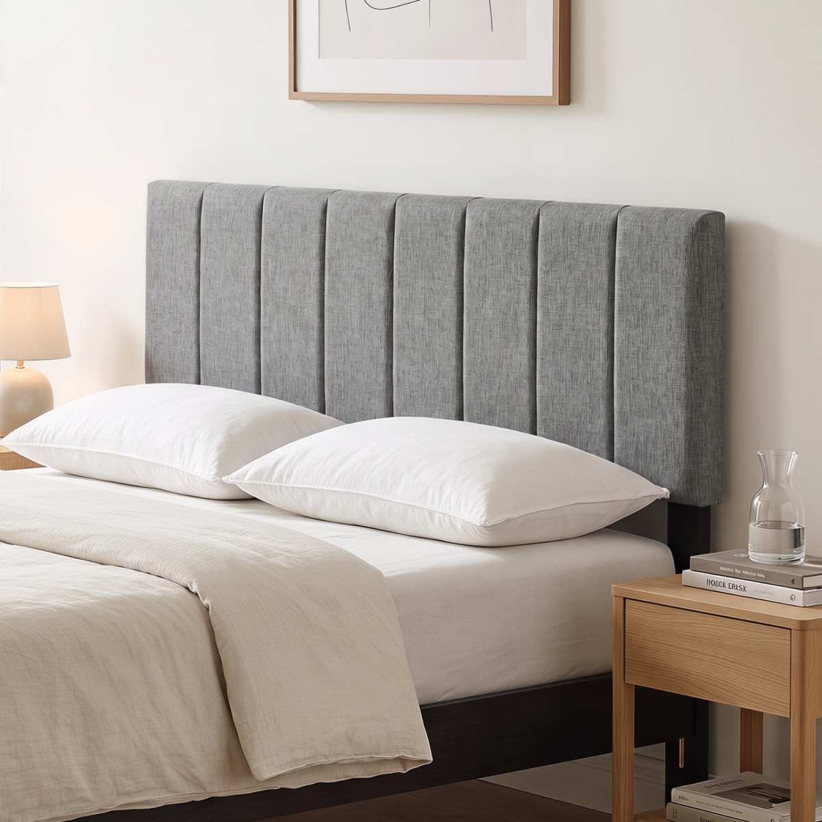 HU11462SH Linen Upholstered Headboard with Solid Wood Legs & Adjustable Width - Dark Gray