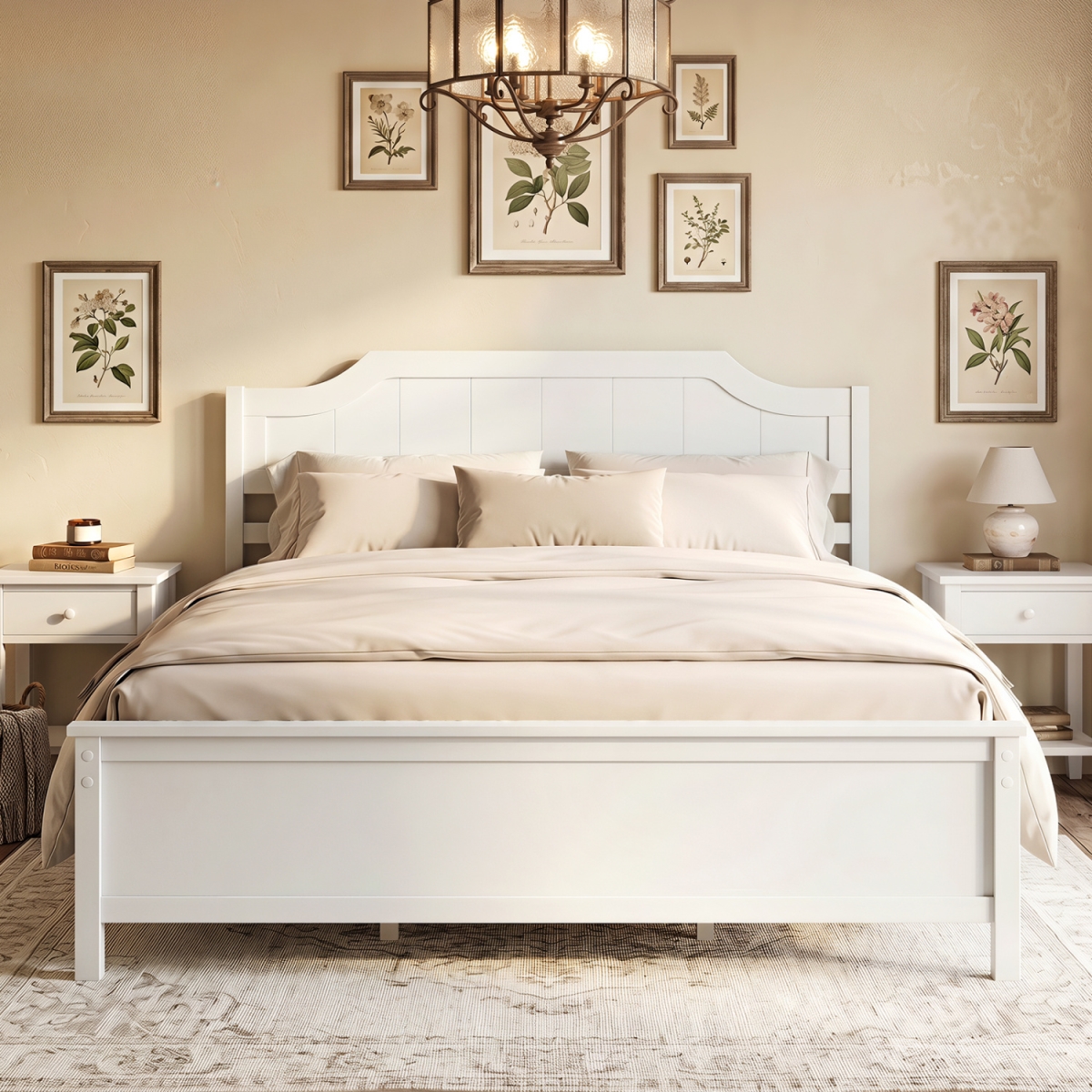 HU11499BS-Q Solid Wood Platform Bed Frame with Headboard - White - Queen Size