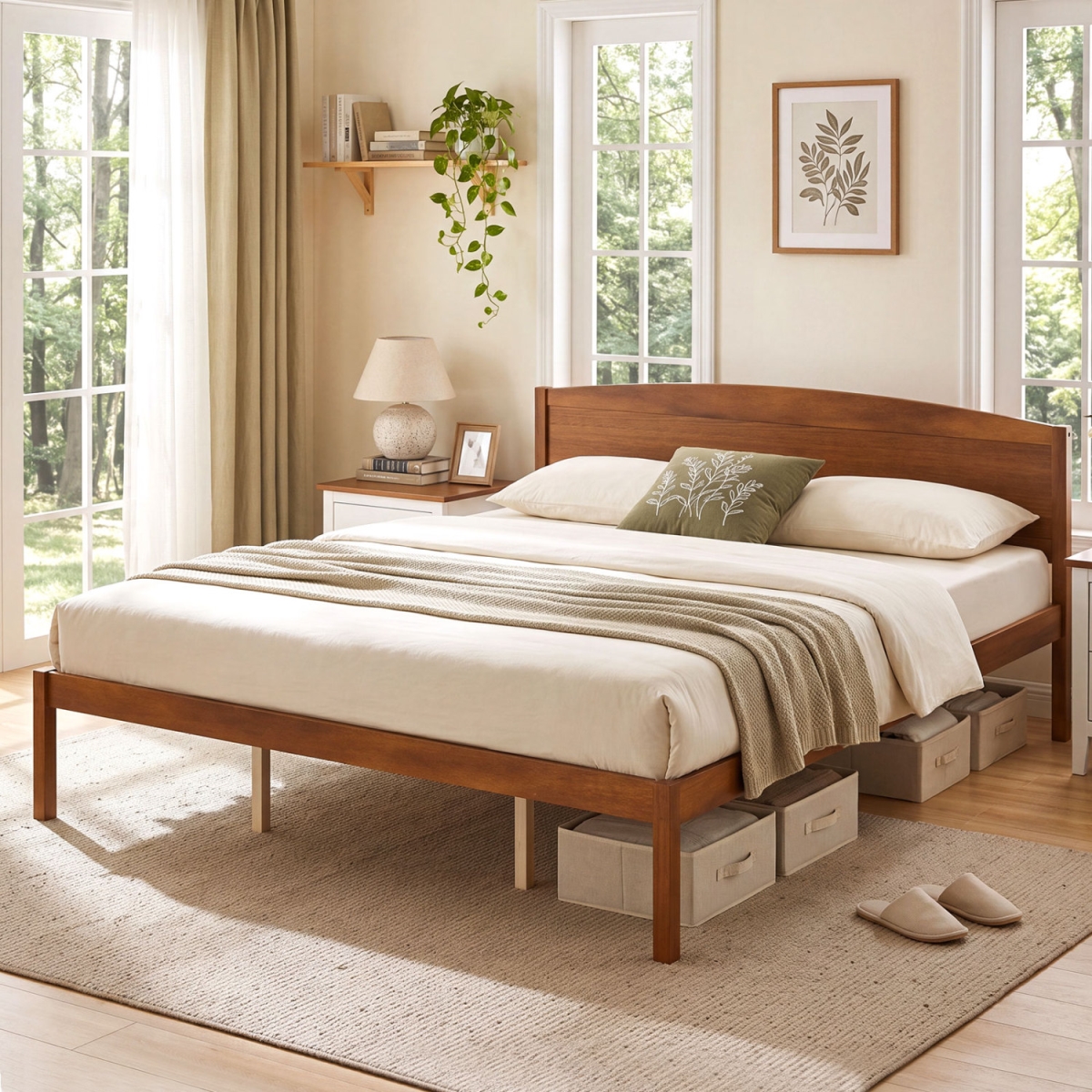 HU11498WN-K Wooden Platform Bed Frame with Curved Headboard - Walnut - King Size