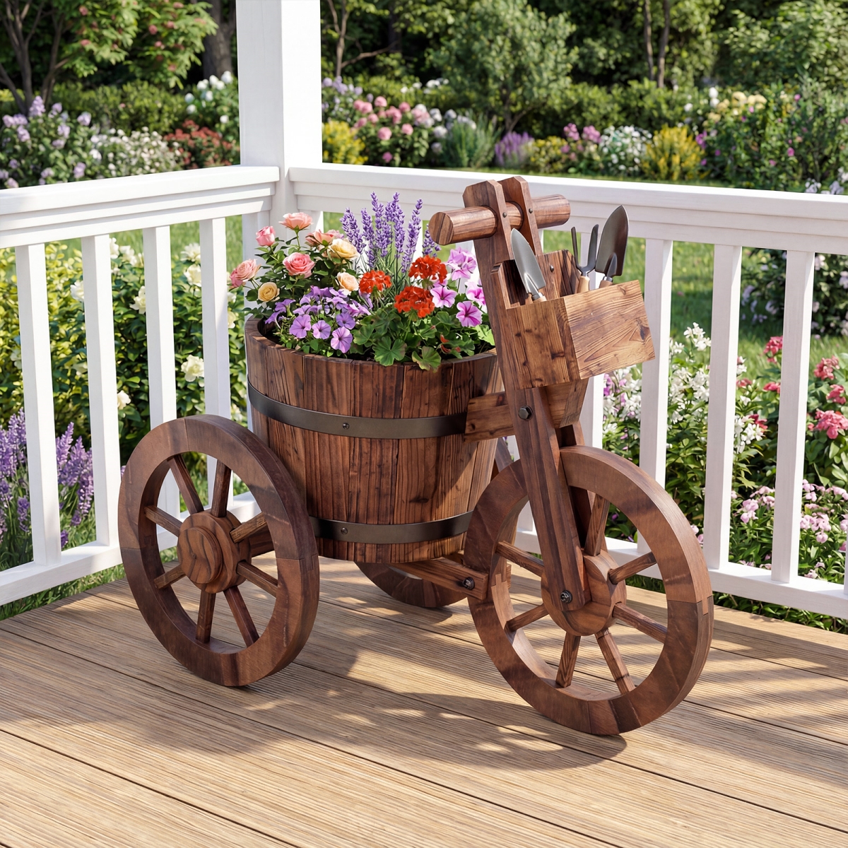 HZ10401CF Rustic Wood Tricycle Planter with Wheels & Storage Box - Coffee