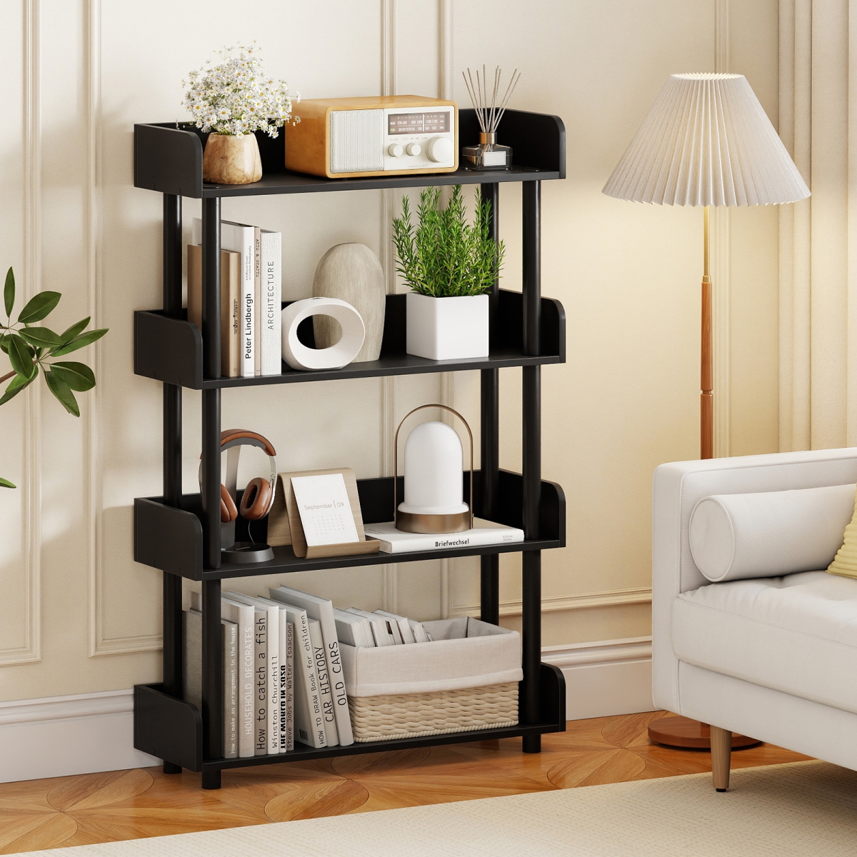 JV13677DK 4-Tier Bookshelf Open Bookcase with Anti-Tipping Kit Industrial Storage Unit - Black