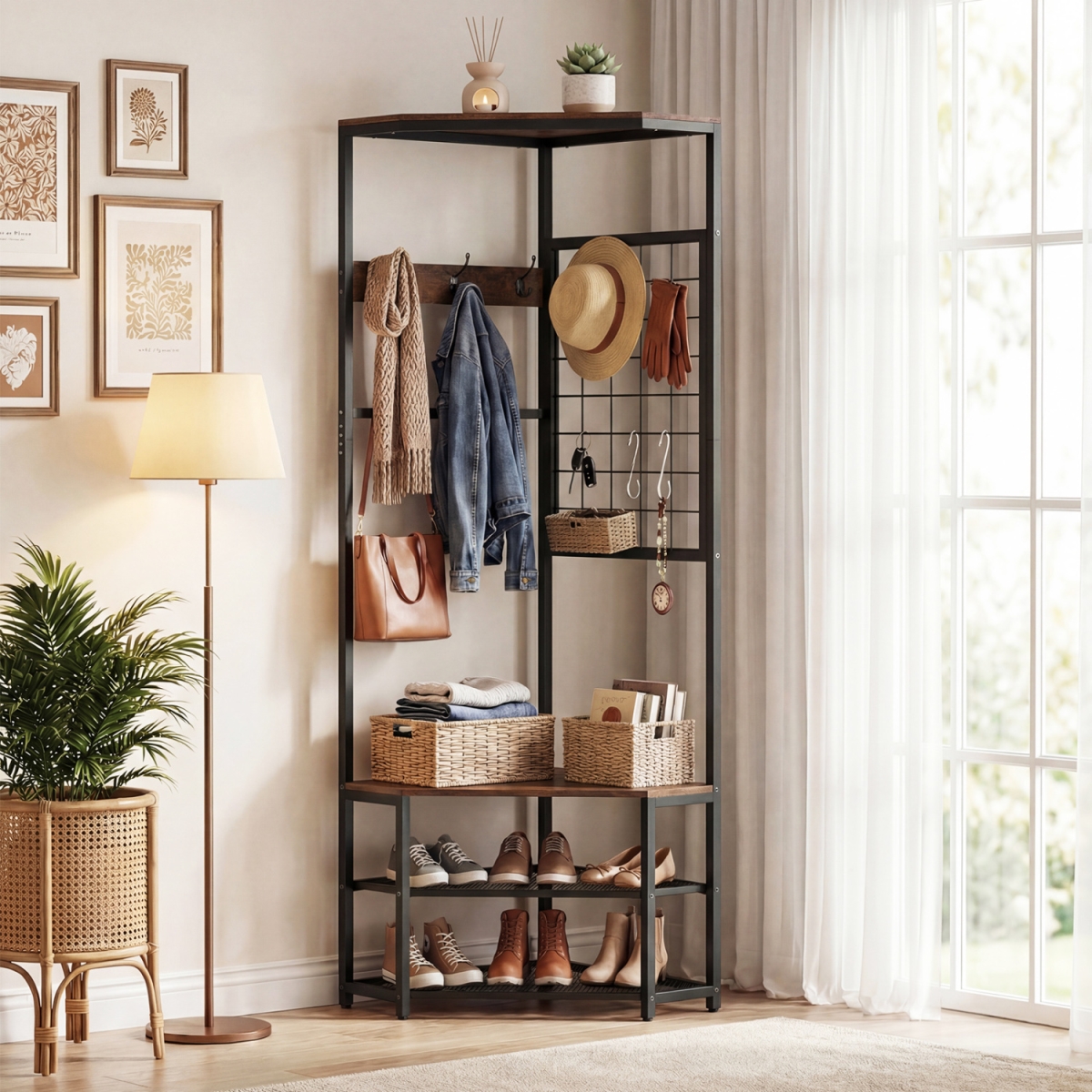 JV13720CF Corner Hall Tree Freestanding Coat Rack with Storage Shelves Removable Hooks - Brown