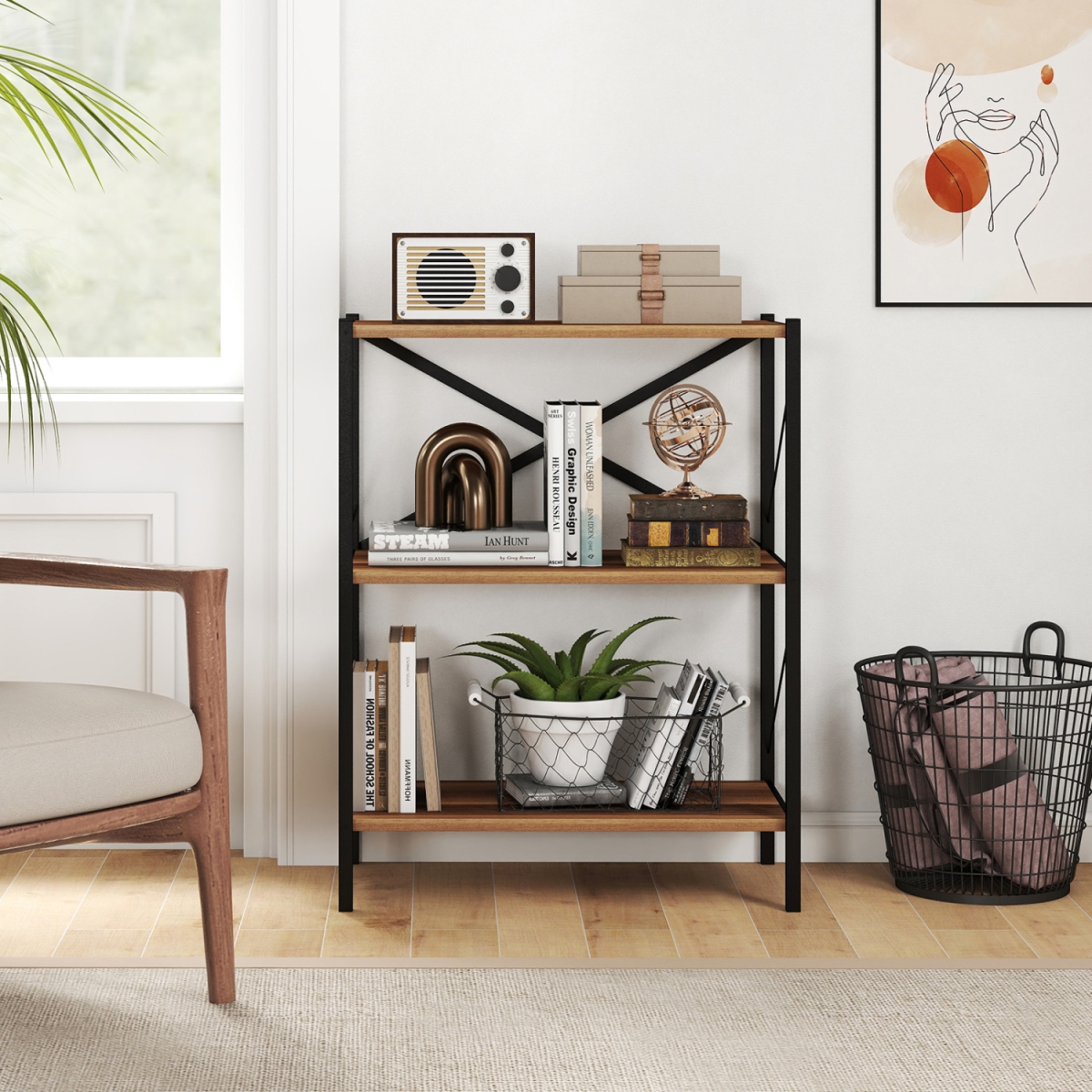 JV13802 3-Tier Bookshelf with Heavy-Duty Metal Frame