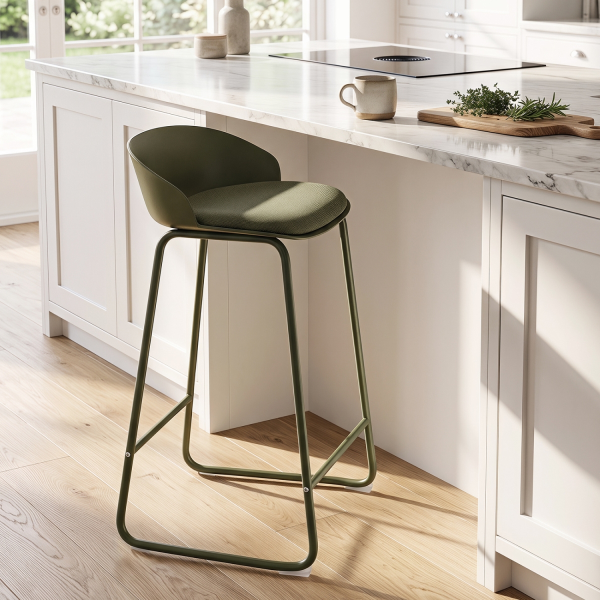 JV14805GN-2 Counter Height Bar Stools with Curved Backrest & Metal Frame for Kitchen Dining - Green - Set of 2