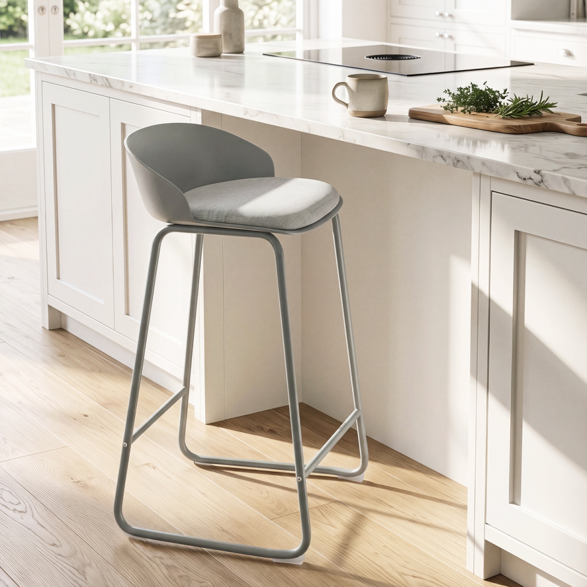 JV14805HS-2 Counter Height Bar Stools with Curved Backrest & Metal Frame for Kitchen Dining - Gray - Set of 2
