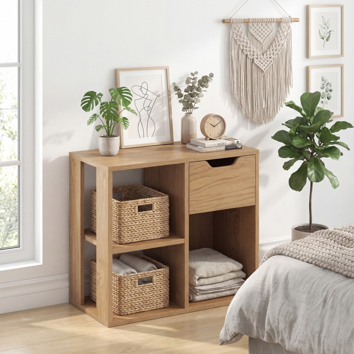 JV13894NA 3-Cube Bookcase 2-Tier Wooden Storage Shelf with Pull-Out Drawer - Natural