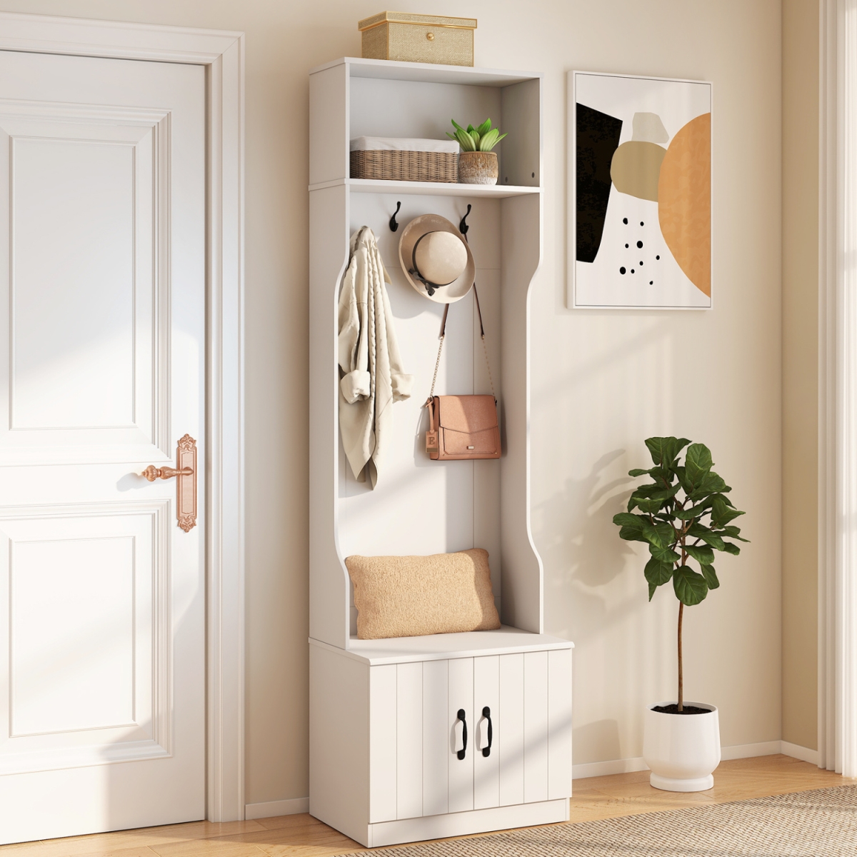 JV13902WH 3-in-1 Hall Tree with Bench & 23.5 in. Wide Mudroom Storage - White