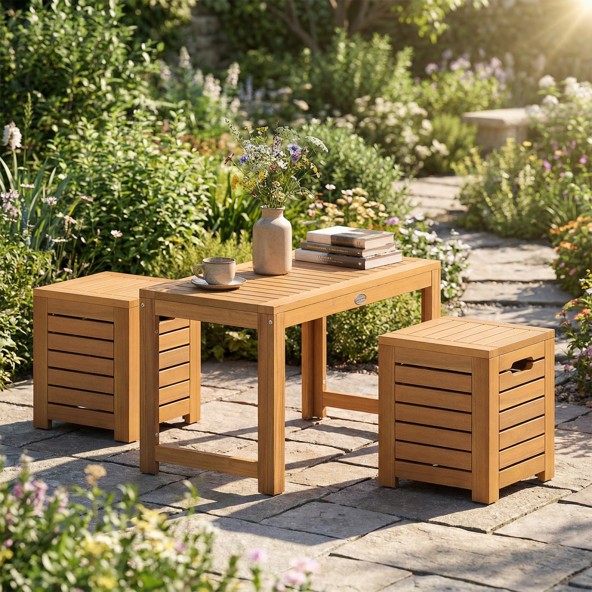 JV13911 Acacia Wood Outdoor Coffee Table with Stools Set - 3 Piece - Set of 2