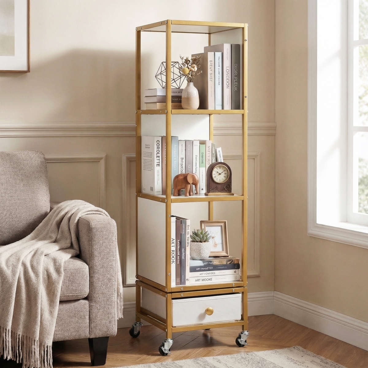 JV13985WH 4-Tier Rotating Bookshelf on Wheels with Removable Drawer - White