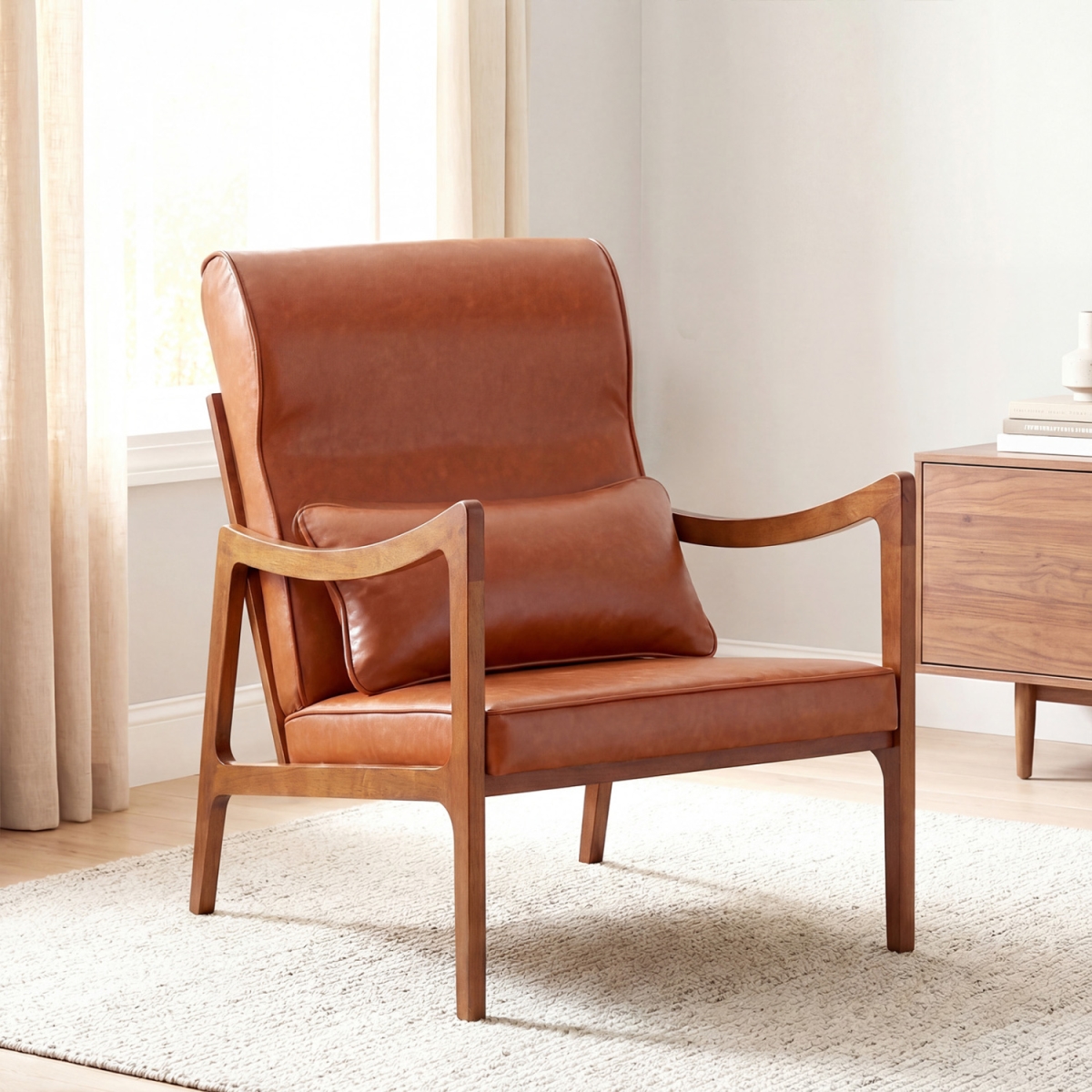 JV13991BN Modern Accent Chair with Solid Rubber Wood Faux Leather Upholstered Armchair - Brown