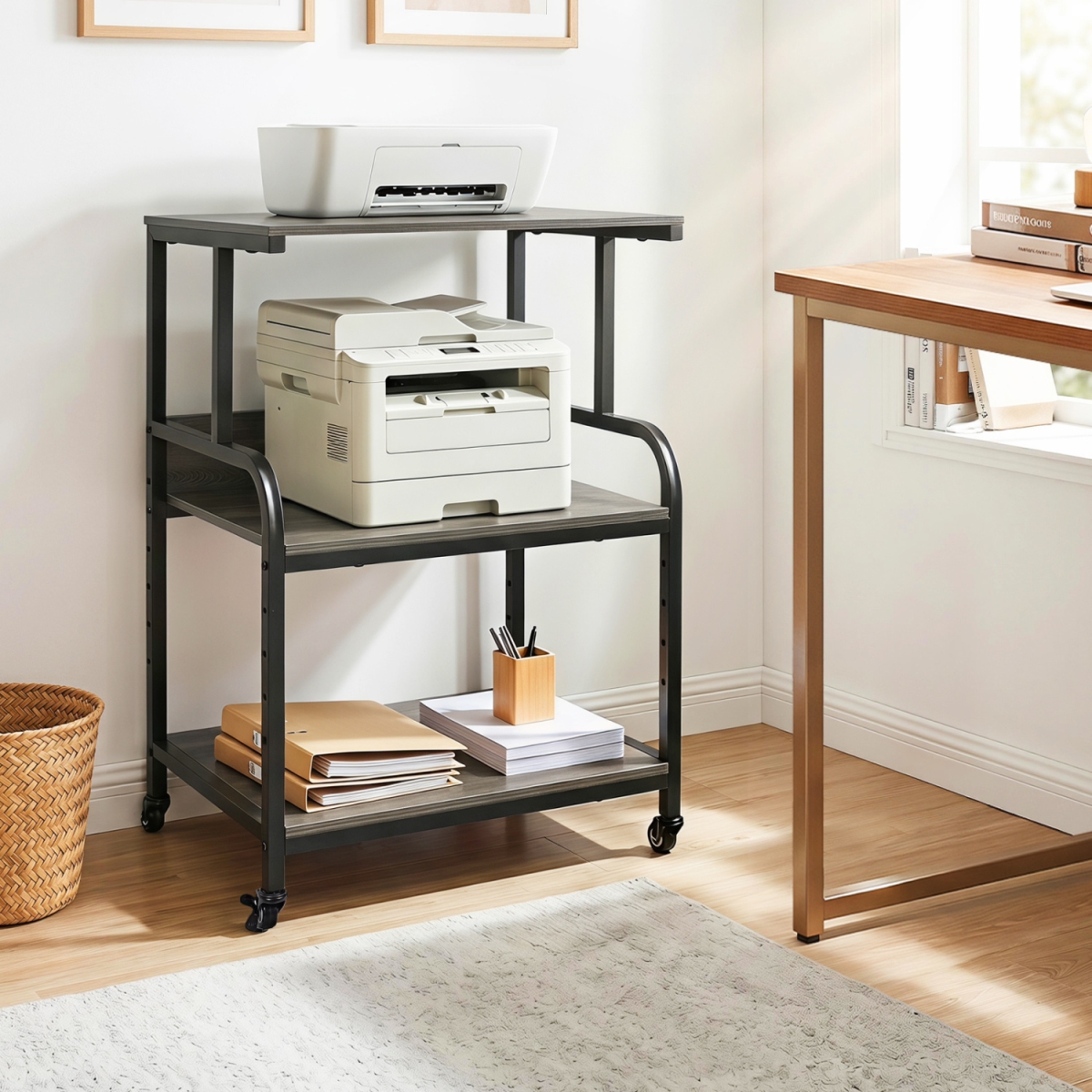 JV14000OA 3-Tier Rolling Printer Stand with Adjustable Shelf & Lockable Wheels - Oak