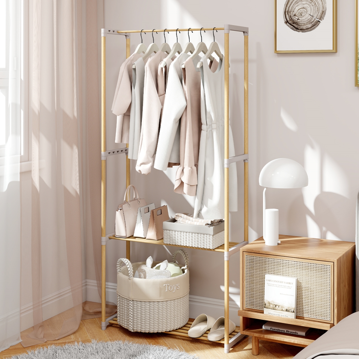 JZ10452GR Pine Wood Clothes Rack with 2-Tier Open Storage Shelf for Hanging Clothes - Gray