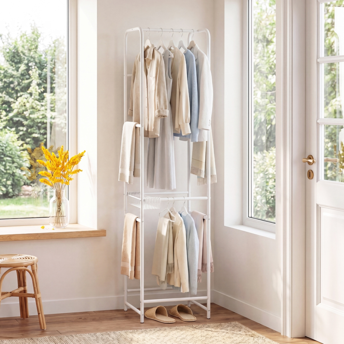 JZ10476 Slim Coat Rack Freestanding Garment Organizer with 8 Hanging Rods - White