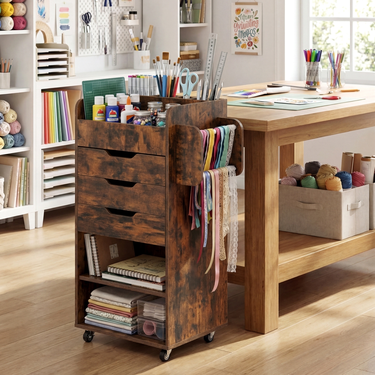 JZ10500CF Utility Trolley with Open Shelves & 3 Drawers - Rustic Brown