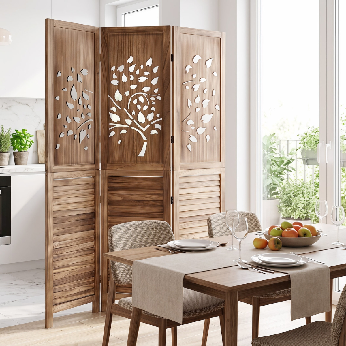 HV11057CF-3 67 in. Folding Room Divider 3 Panels with Tree Cutout & Louver Design for Room - Rustic Brown