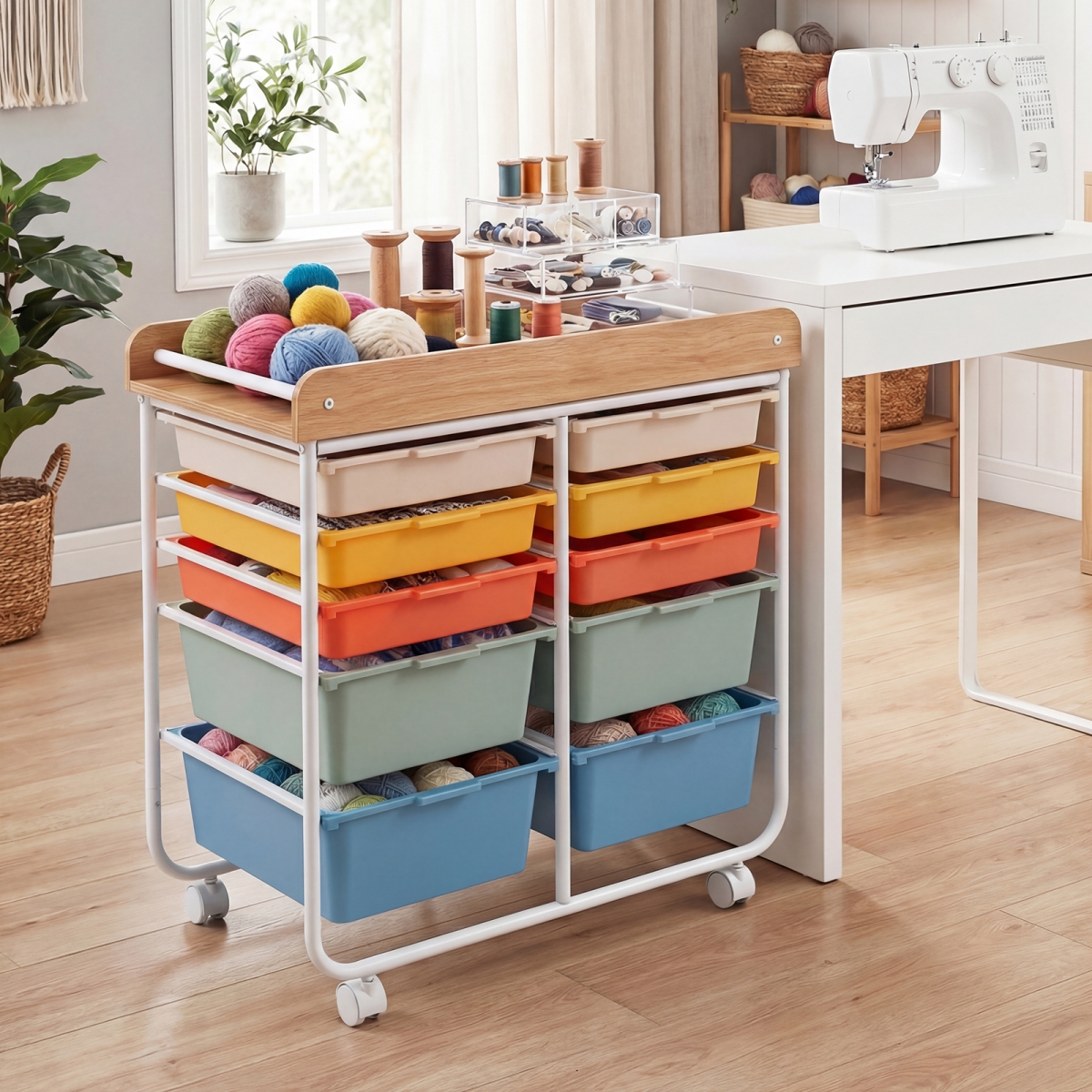 JV14023GW 10-Drawer Rolling Cart with Wooden Tabletop & Lockable Wheels for Office - Macaron